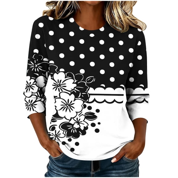Cilsoka 3/4 Length Sleeve Floral Printed Shirts Women's Casual 3/4 Sleeve T-Shirts 2026 Round Neck Tunic Tops Cute Basic Tees, Ladies Tops and Blouses Petite Size