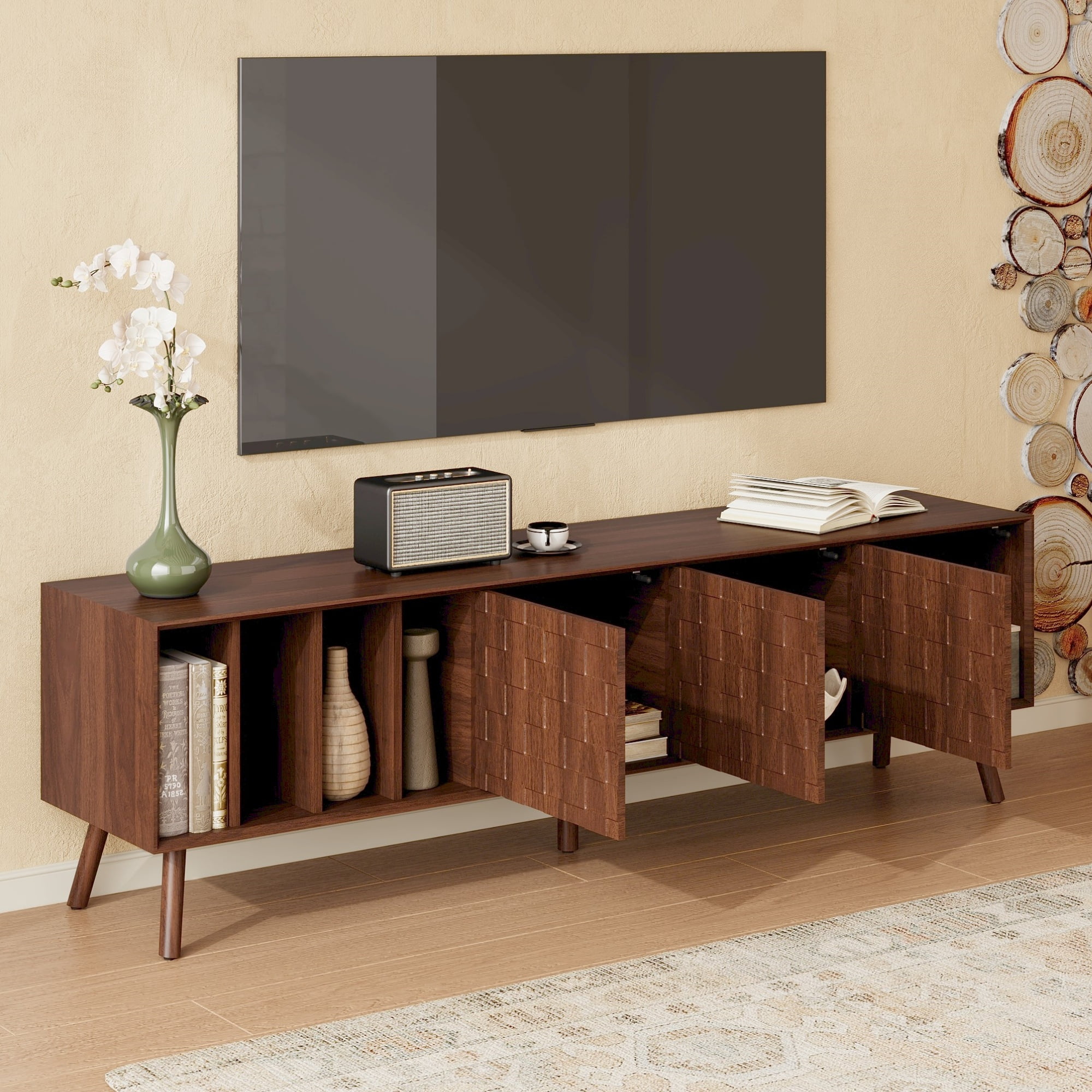 TV Stand for TVs up to 75 Inch, Mid-Century Modern Entertainment Center with 3 Cabinets & 4 Open Shelves, Media Console for Living Room