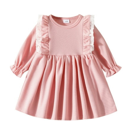 

Toddler Girls Casual Dresses Winter Long Sleeve Ruffles Ribbed Lace Solid Color Princess Pink Toddler Girls Dresses Sizes 6-9 Months