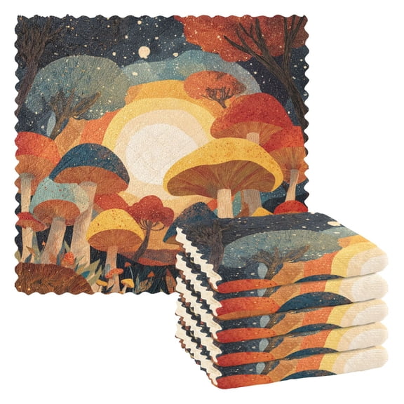 6 Pieces of Kitchen Towels 11x11Inch Kitchen Dish Cloths Kitchen Dish Towels Reuseable Cleaning Cloths Whimsical Mushroom Night