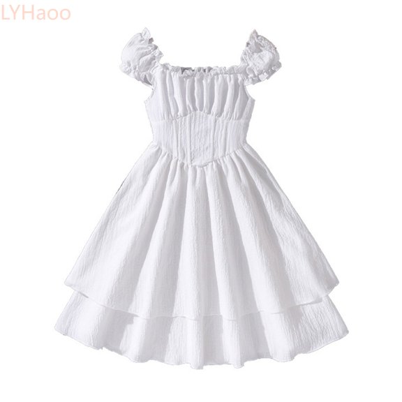 LYHaoo Girls Summer Dress With Ruffles And Smocked Bodice Casual Short Sleeve Party Dress For Kids Outfit,Casual Floral Dresses Sizes 7-8 Years White