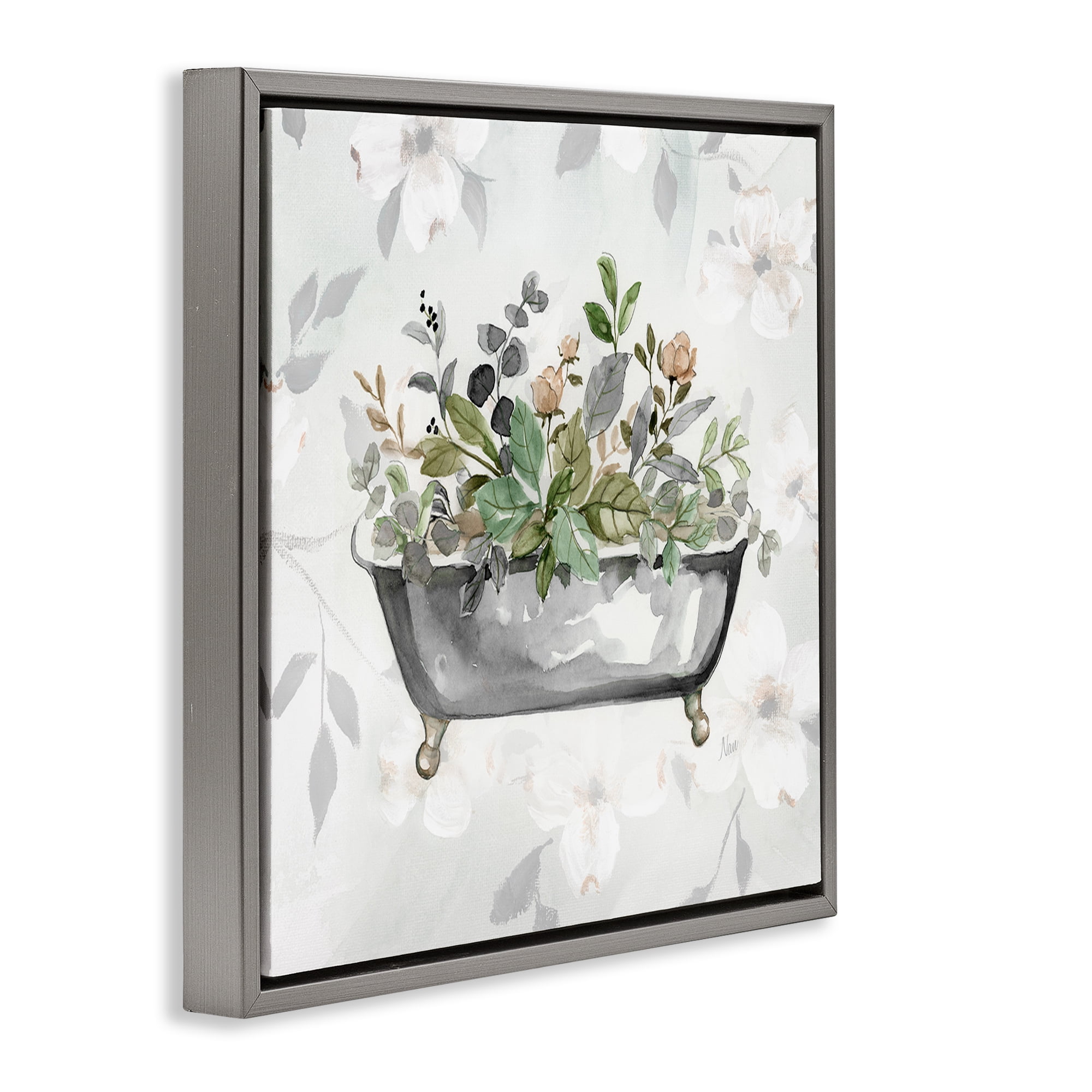 Stupell Industries Leaf Patterned Bath Typography Painting Gray Floater Framed Canvas Art Print Wall Art, 18 x 18