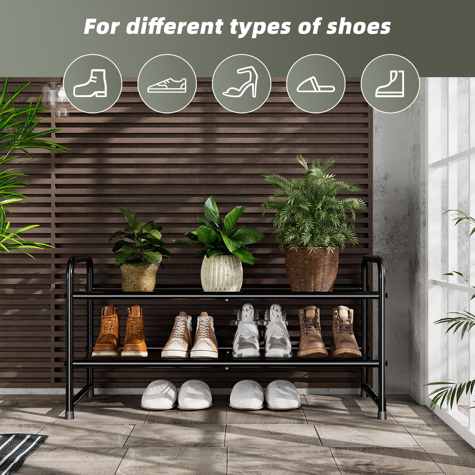 SUFAUY 2 Tier 33" Wide Shoe Rack Stackable, Metal Mesh, Black