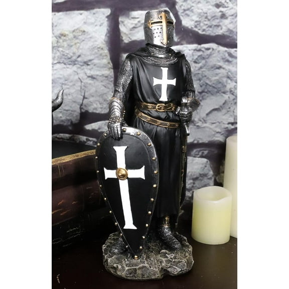 Ebros Black Cloaked Crusader Knight Of The Cross with Sword Shield Statue 11.5"H