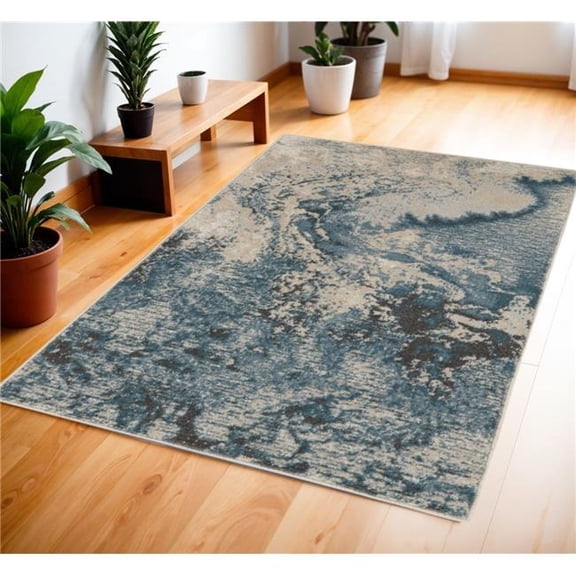 HomeRoots 553216 4 x 6 ft. Abstract Rectangle Area Rug, Ivory, Teal Blue & Black