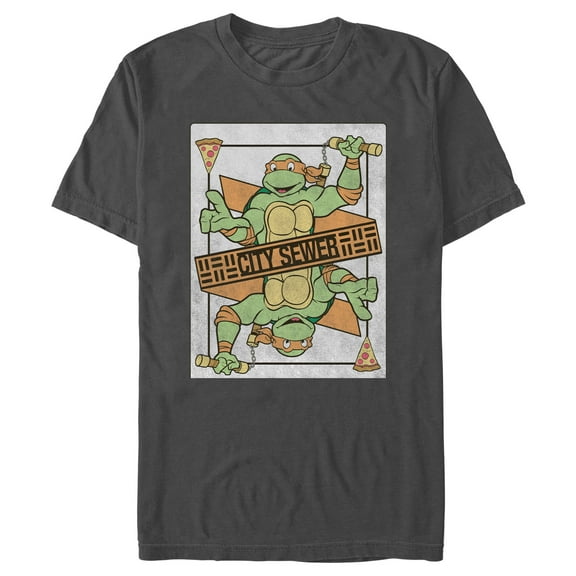 Men's Teenage Mutant Ninja Turtles City Sewer Michelangelo Playing Card  Graphic Tee Charcoal Small