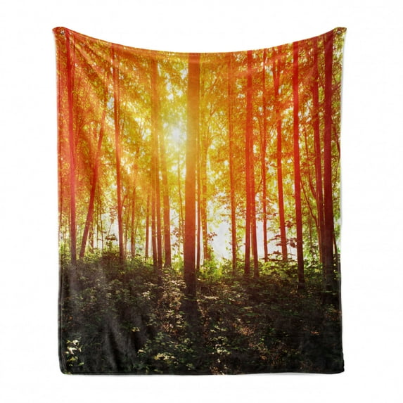 Nature Soft Flannel Fleece Blanket, Foggy Forest Scenery with Sunrays Reflecting on Trees Mystic Woodland Image, Cozy Plush for Indoor and Outdoor Use, 50" x 70", Orange Fern Green, by Ambesonne