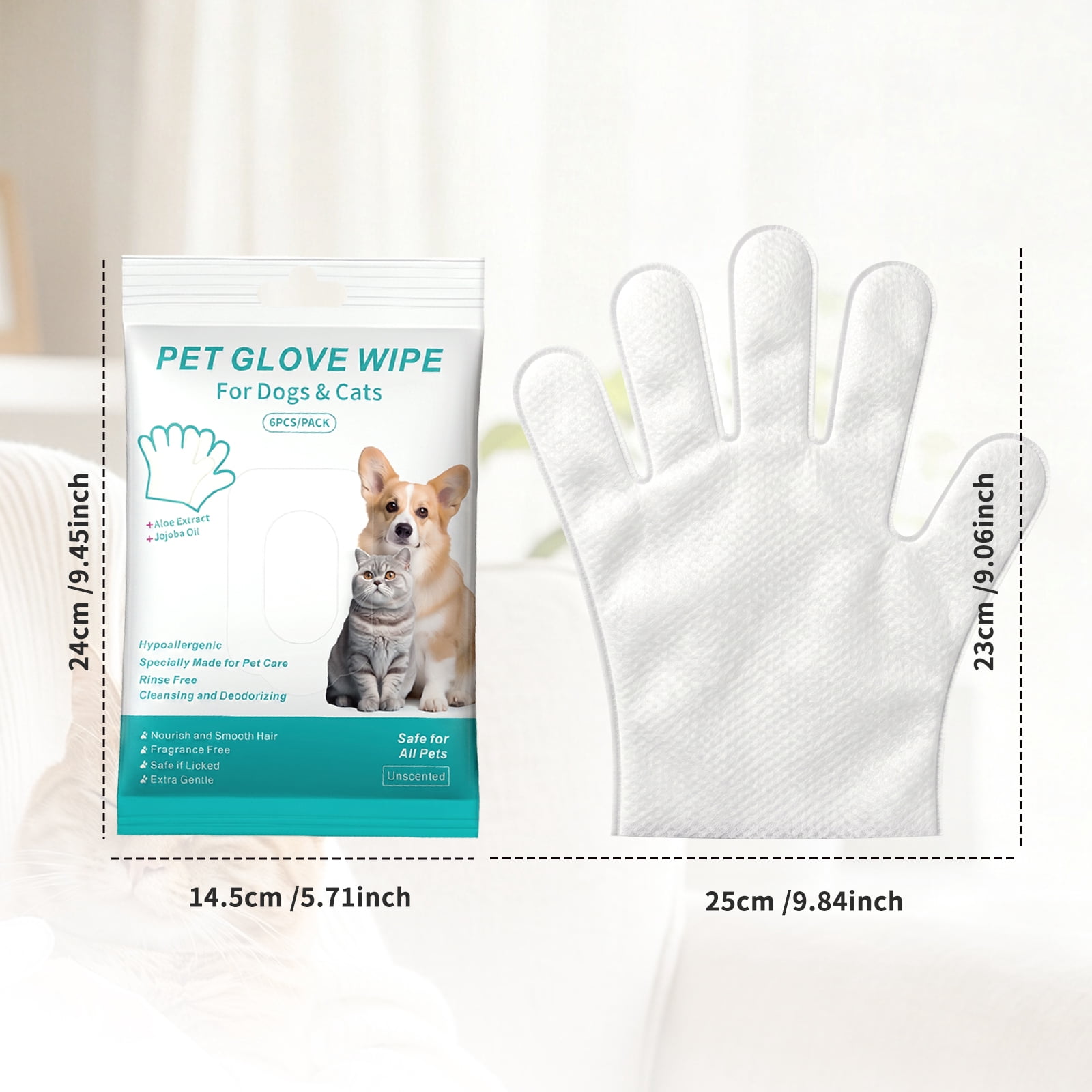 6PCS Pet Glove Wipes for Dogs & Cats, Dog Cat Washing Cleaning Gloves, Dog Grooming Bath Gloves for Daily Care and Traveling, Rinse Free, 1 Bag