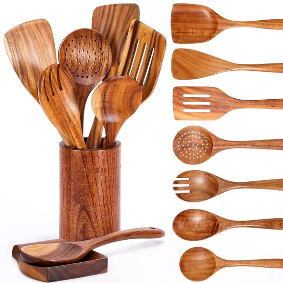 Zeya 9 Piece Natural Teak Wooden Kitchen Utensil Set with Spoon Rest - Comfort Grip Cooking Spoons and Utensils Holder