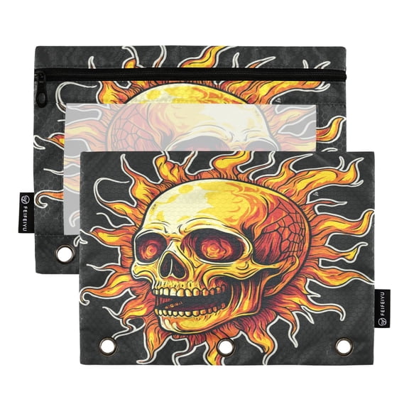2 Pack 3 Ring Binder Pouch with Clear PVC Window Water Resistant Zipper Pencil Pouch Fire Skull Sun Design Binder Pocket for Classroom Office Home Stationery Organization