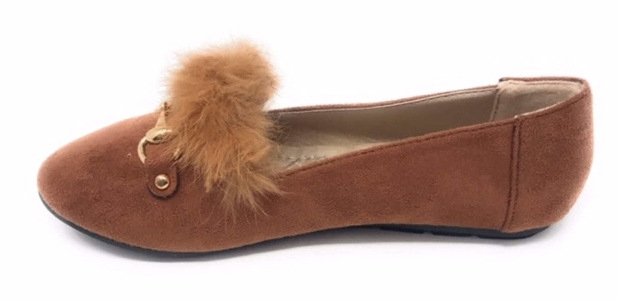 Women’s Loafer Flats with Faux Fur and Gold Chain Accent – Soft Suede-Like Slip-On Shoes – Comfortable Casual Dress Flats for Work, Office, Travel, or Everyday Wear