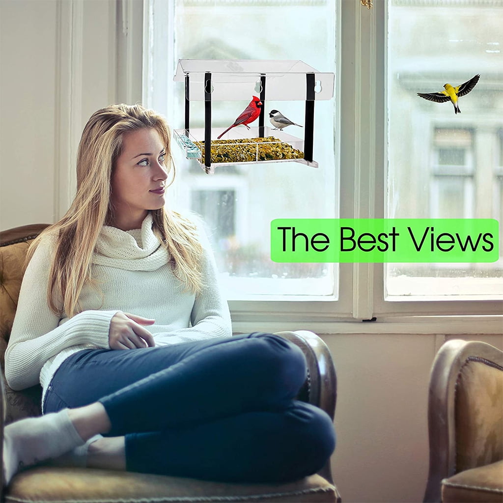 Sinyiin Window Acrylic Bird Feeder House Strong Suction Cups Clear See Through Large Bird Feeder for Outside Best Gift Idea