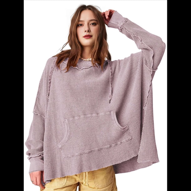 Sudadera con Capucha Extragrande para Mujer, Jersey con Mangas Murciélago y Cuello Redondo, Jersey con Diseño de Gofre Rosa y M