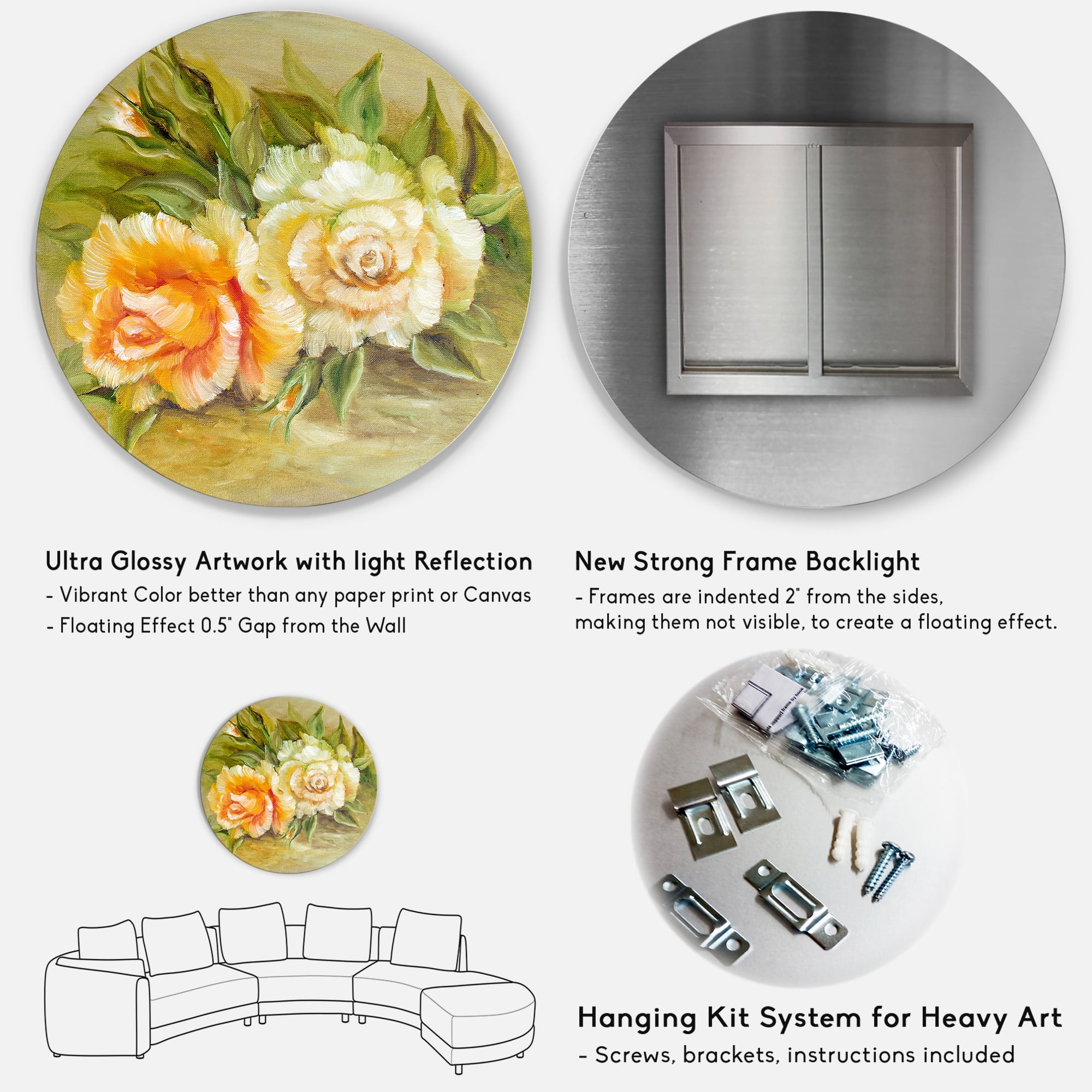 Designart 'Vintage Yellow and White Roses' Traditional Circle Metal Wall Art 36x36 - Disc of 36