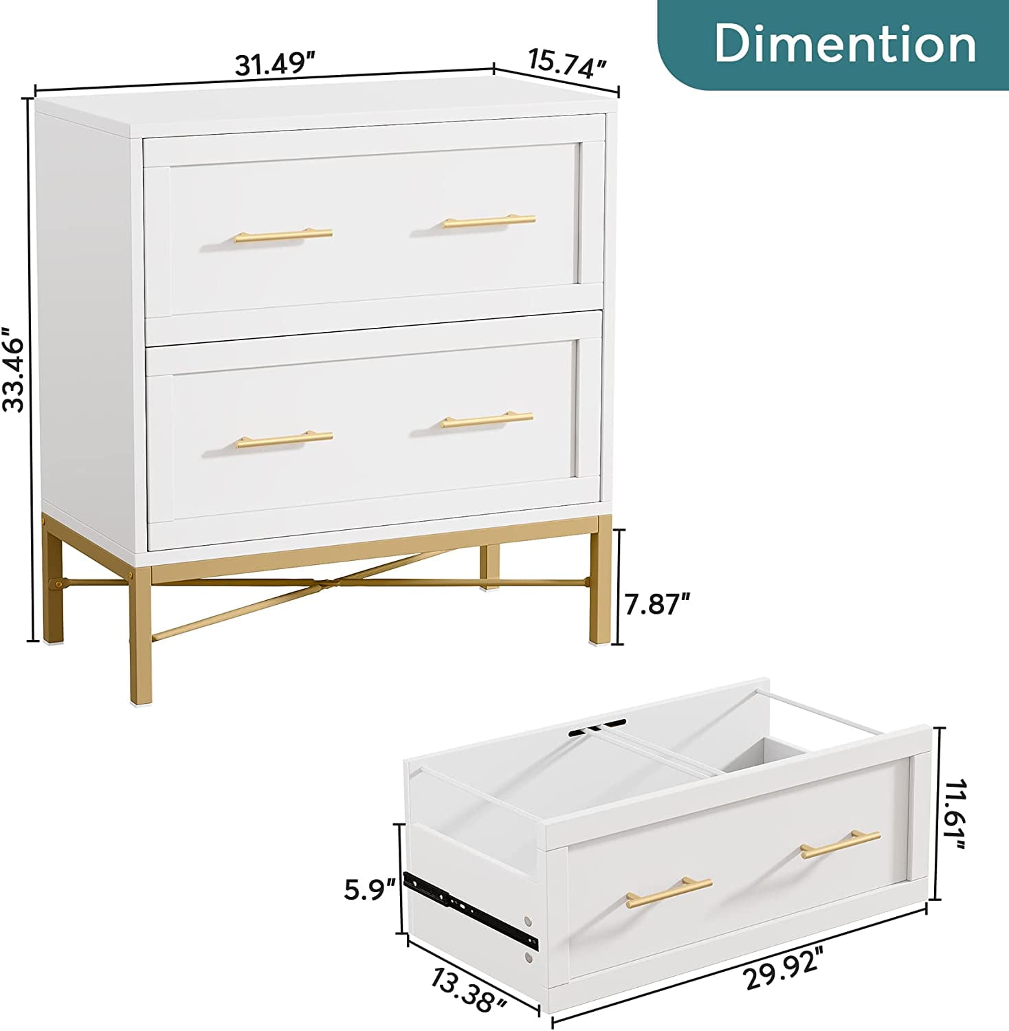 Tribesigns 2 Drawer File Cabinet, Modern Lateral Filing Cabinet for Letter/Legal/A4, Large Printer Cabinets,Black, Gold and Brown