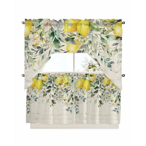 Summer Lemon Kitchen Curtains Swag Valance and Tier Curtains Set 24 Inch Length, Spring Eucalyptus Leaves Botanical Vintage Rod Pocket Drape Panels Pair Swag Curtains for Bathroom/Cafe/Window