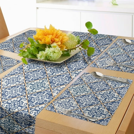 

Moroccan Table Runner & Placemats Azulejo Ceramic Pattern with Rectangle Shapes with Diagonal Square Design Set for Dining Table Placemat 4 pcs + Runner 12 x72 Blue Cream Marigold by Ambesonne