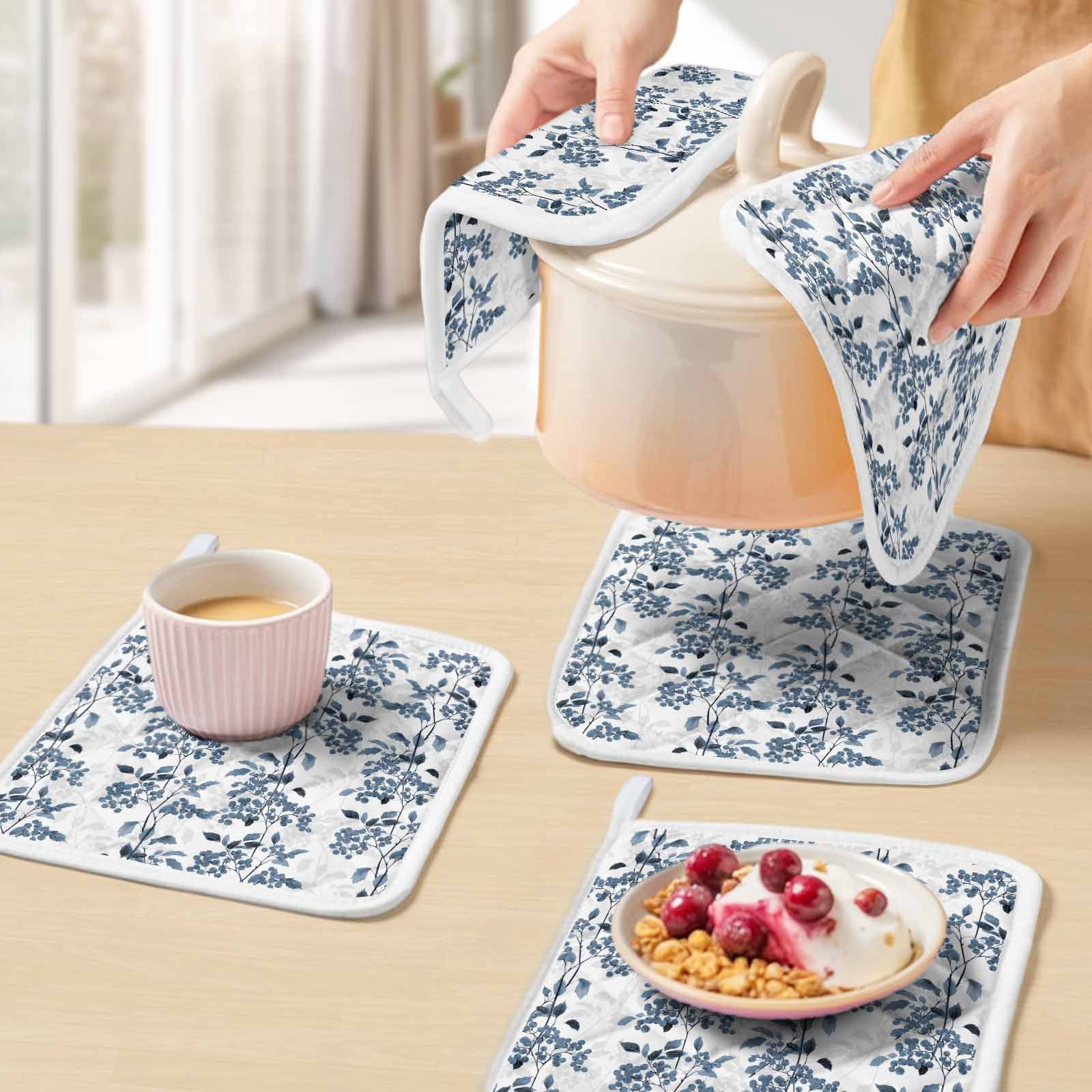 Blue Fruit Pot Holders for Kitchen Heatproof Potholder, 3 Pack Vintage Plant Nature Botanical Flower Floral Hot Pads Multipurpose Oven Pads Cloth Potholders Trivet for Cooking Baking