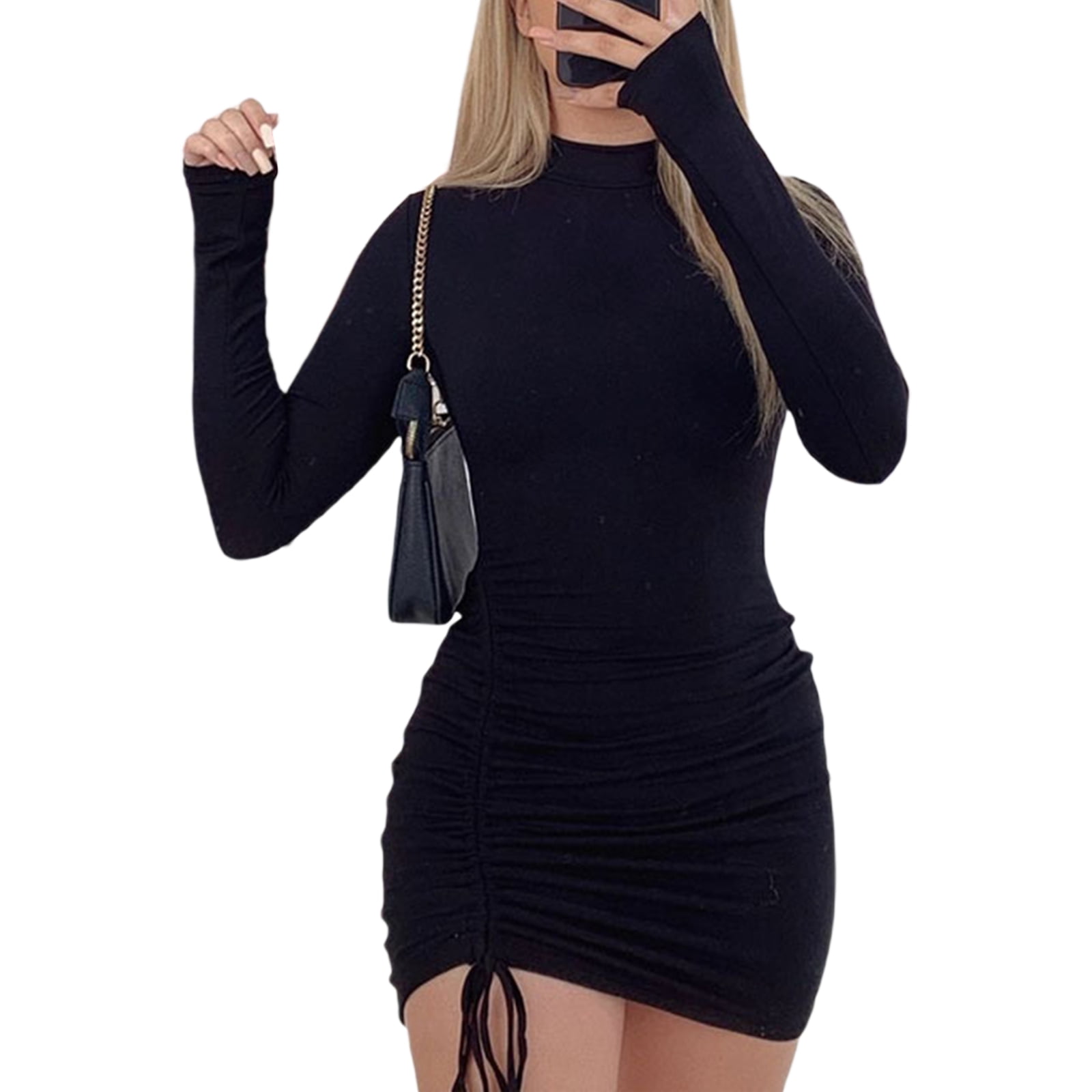 Musuos Womens Sexy Bodycon Mini Dress, Long Sleeve Mock Neck Solid Color  Drawstring Ruched Club Dress - Walmart.com