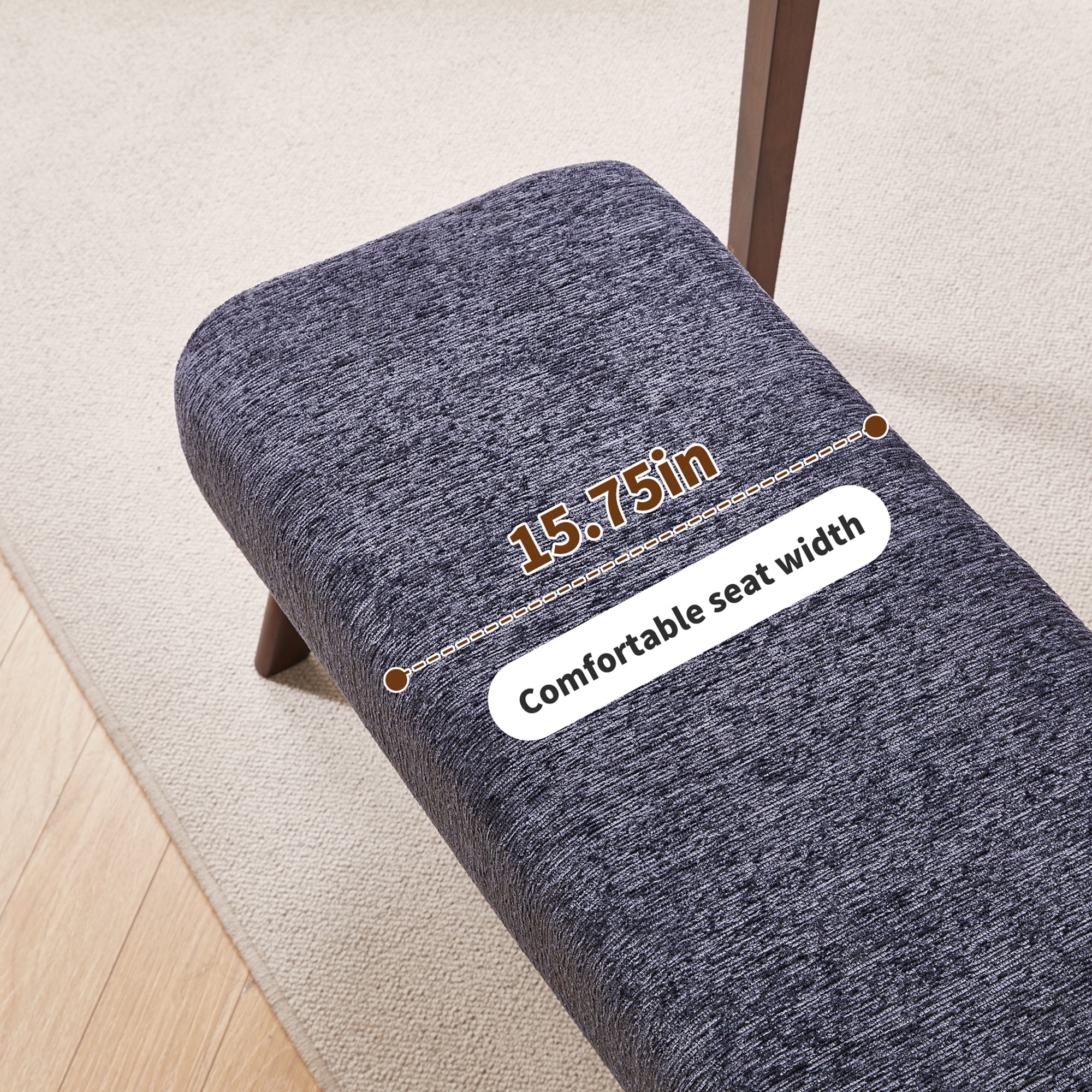 Chenille Upholstered Bench with Solid Wood Legs, Blue, 38.19 in x 15.75 in x 16.93 in