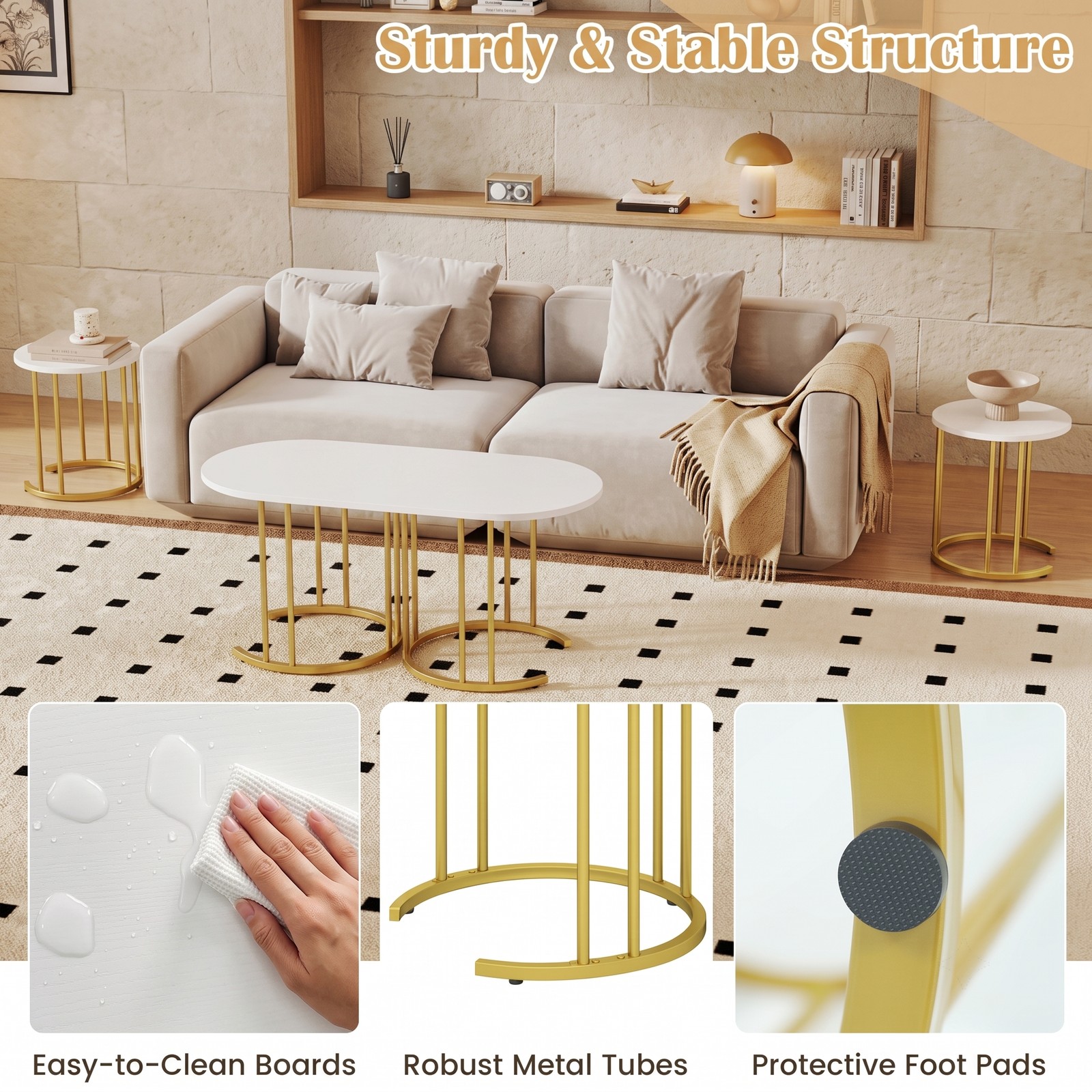 Furnibear Nesting Coffee Table Set of 3, Faux Marble Coffee Tables with Powder-Coated Gold Metal Frame, Modern Space-Saving Stackable End Side Tables for, White & Gold