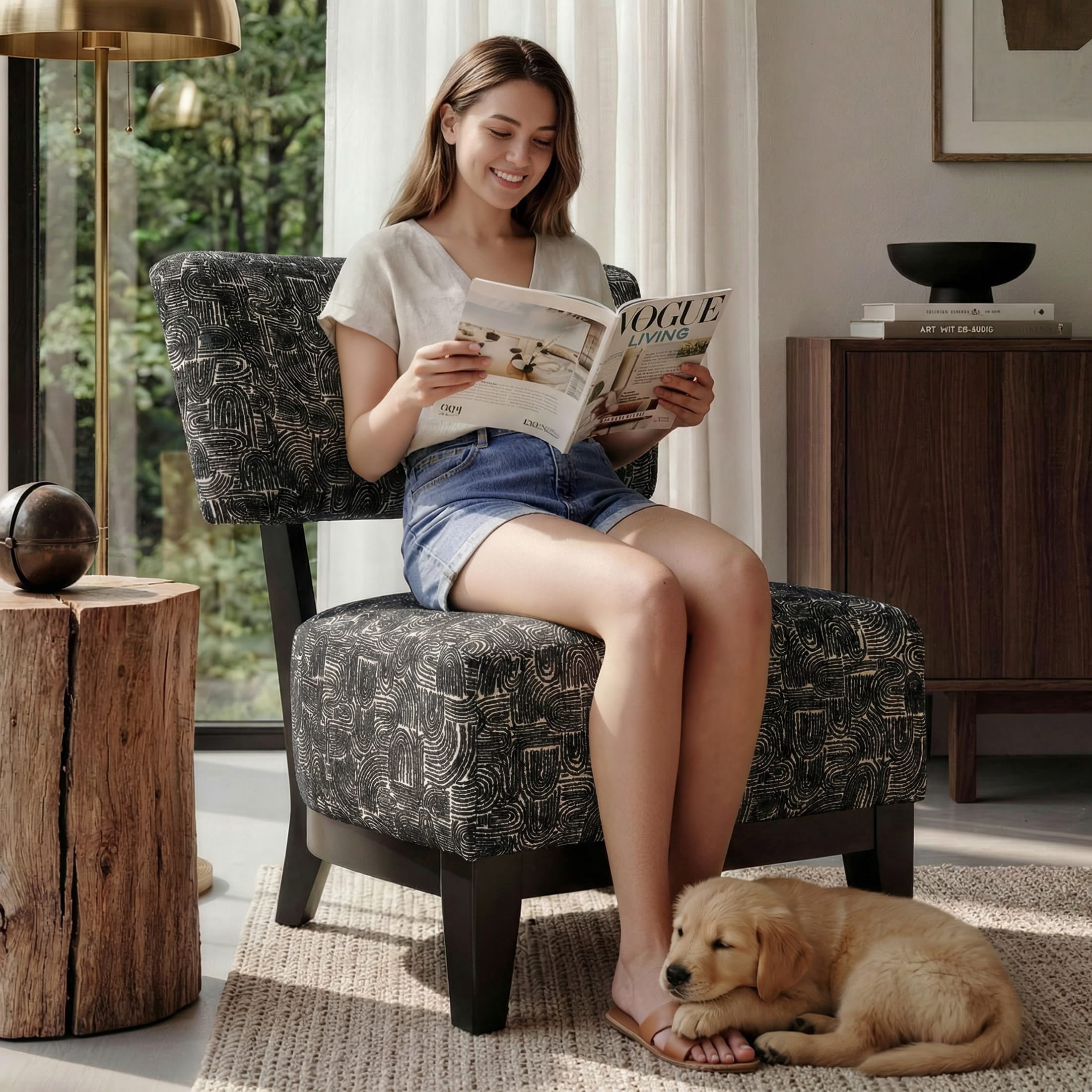 Aenkyo Contemporary Chenille Fabric Armless Accent Chair, Black