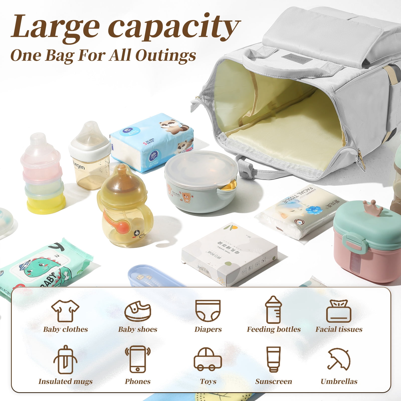 Diaper Bag Backpacks with Insulated Pocket,Waterproof Large Baby Bag for Boys Girls,Unisex Travel Baby Changing Bag for Mom Dad,Gray