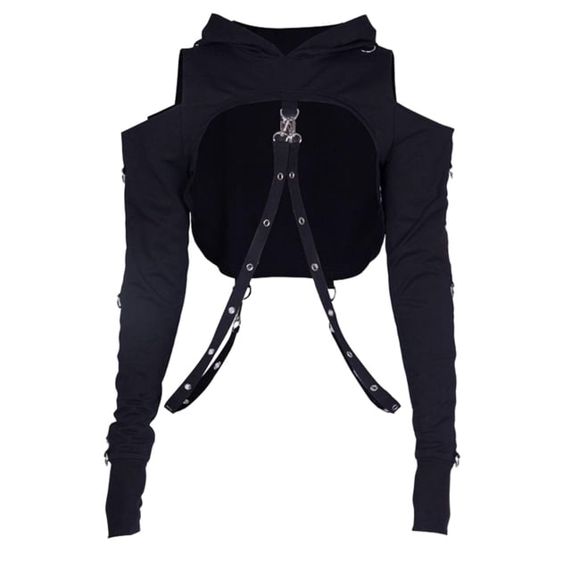 Suéter Gótico Con Capucha, Color Negro, Versátil, Para Viajes, Festivales, Damas, Tamaño Pequeño Sunnimix Top corto con capucha para mujer