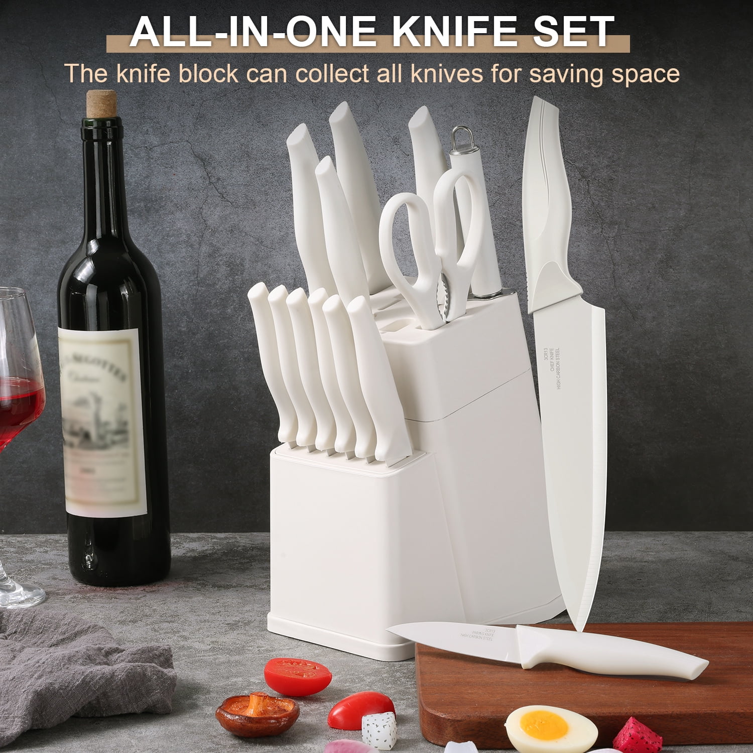 Walchoice 15 Pieces Knife Set with Block, High Carbon Stainless Steel Kitchen Knife Set with Sharpener, Rust Resistant & Dishwasher Safe - White