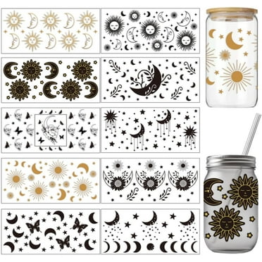 10 Sheets UV DTF Cup Wraps for 16 OZ Glass Cups 10 Styles Sun Moon Plants Butterflies Stars Rub on Transfers PVC Transfer Stickers Waterproof Rub Decals for DIY Your Holiday Presents