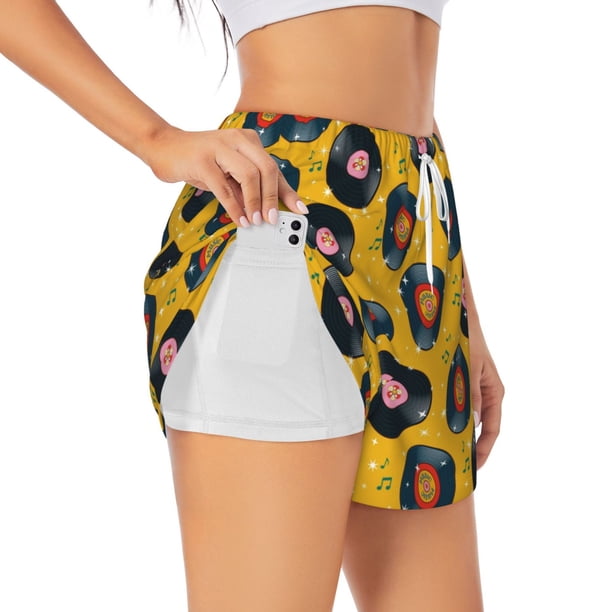 Balery Retro Vinyl Records Pantalones cortos deportivos para mujer con forro y dos bolsillos, elásticos, para entrenamiento, gimnasio, yoga-Medium