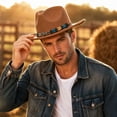 thumbnail image 5 of Qwertyu Western Cowboy Hat for Men Women Classic Fedora Hat with Buckle Belt Khaki, 5 of 6