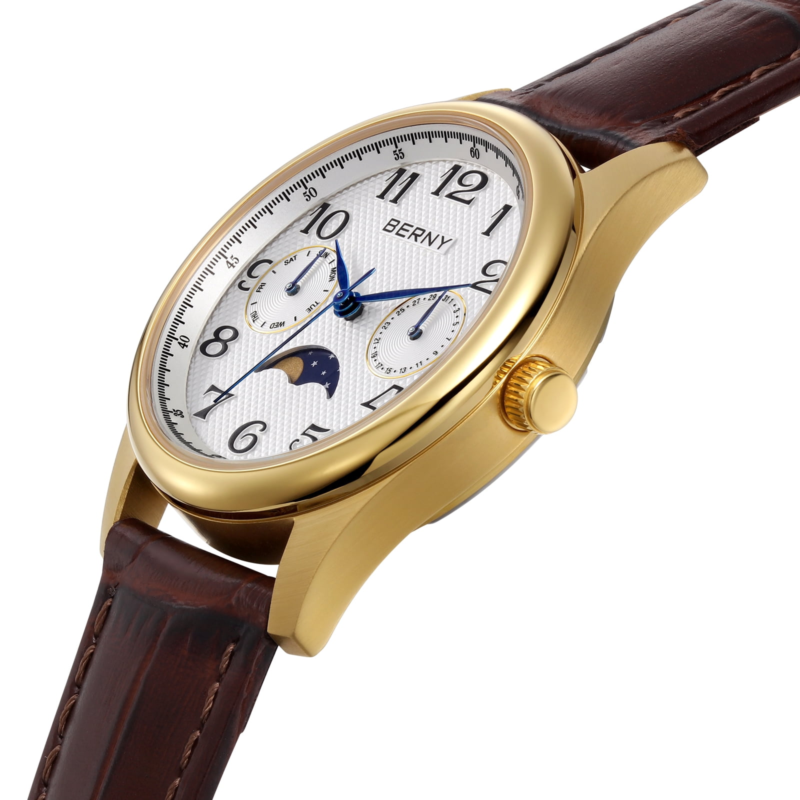 BERNY Dress Watches for Women, MultiFunction Leather Watch with Moon Phase, Day & Date Calendar, Stainless Steel Case, Easy to Read, Waterproof, Ladies Analog Quartz Wrist Watch (Gold)