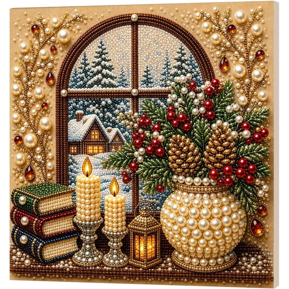 2026 Christmas Window Framed Pearl Art Wall Decor 8x8 inch, Window Framed Christmas DIY Pearl Bead Painting Kits for Adult, Christmas Party Decorations for Home Wall Decor