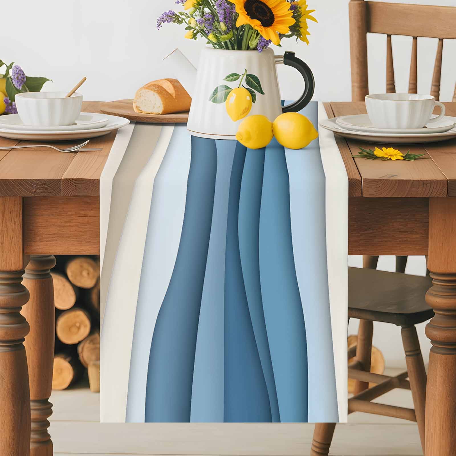 Ocean Blue Water Ripples Table Runner 90 Inches Long, Abstract Geometric Gradient Table Runners Tabletop Scarf Kitchen Dining Tables Decoration for Home Party Indoor Outdoor