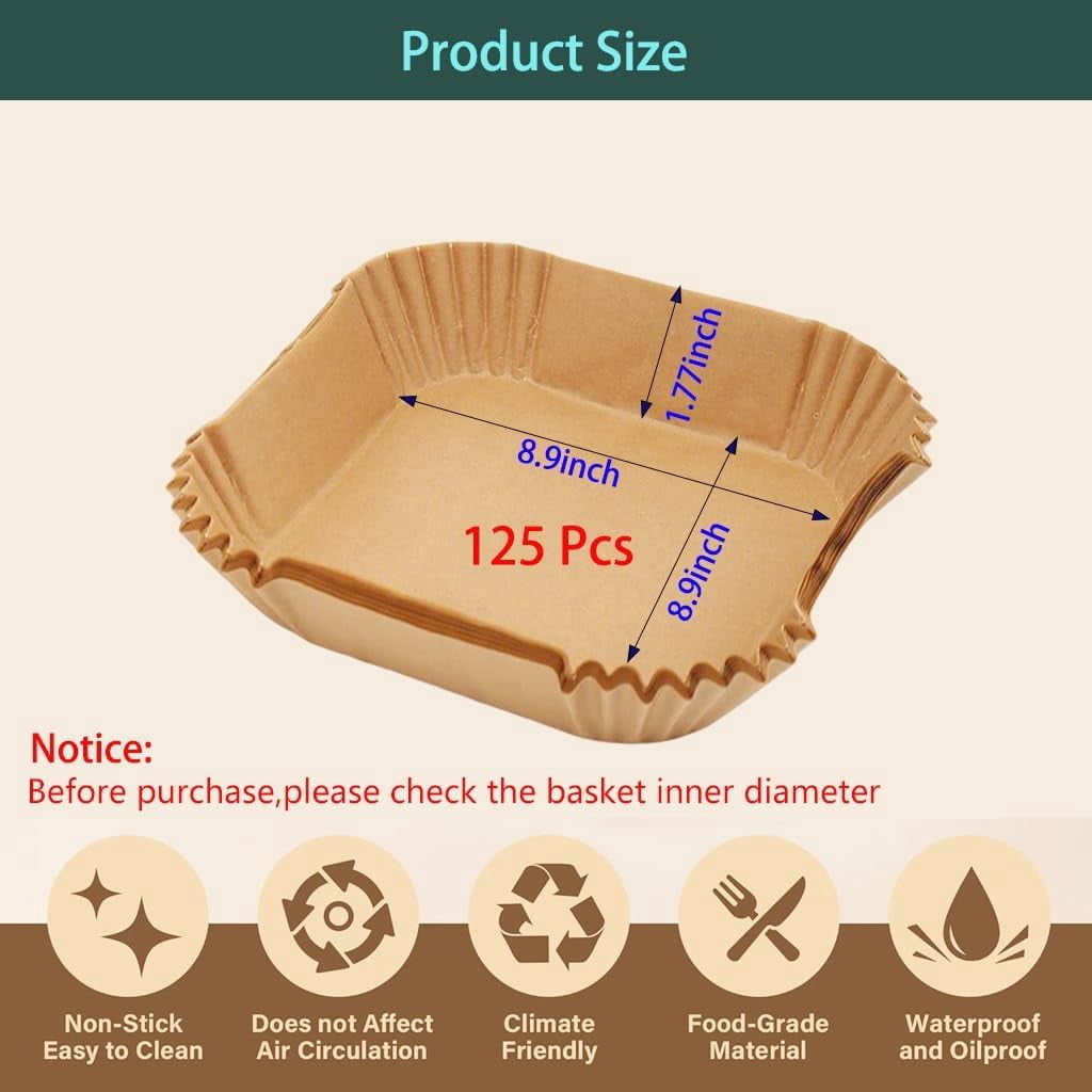 JJEAN-parchment paper for air fryer, 8.9inch square air fryer liners disposable,125PCS Non-stick parchment paper sheets for 8-12QT airfryer liners, Baking, Roasting Microwave