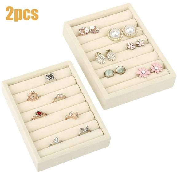 2pcs Small Jewelry Trays, EEEKit Velvet Ring Organizer, Stackable Earrings Display Tray, Mini Jewelry Drawer Organizer, Beige