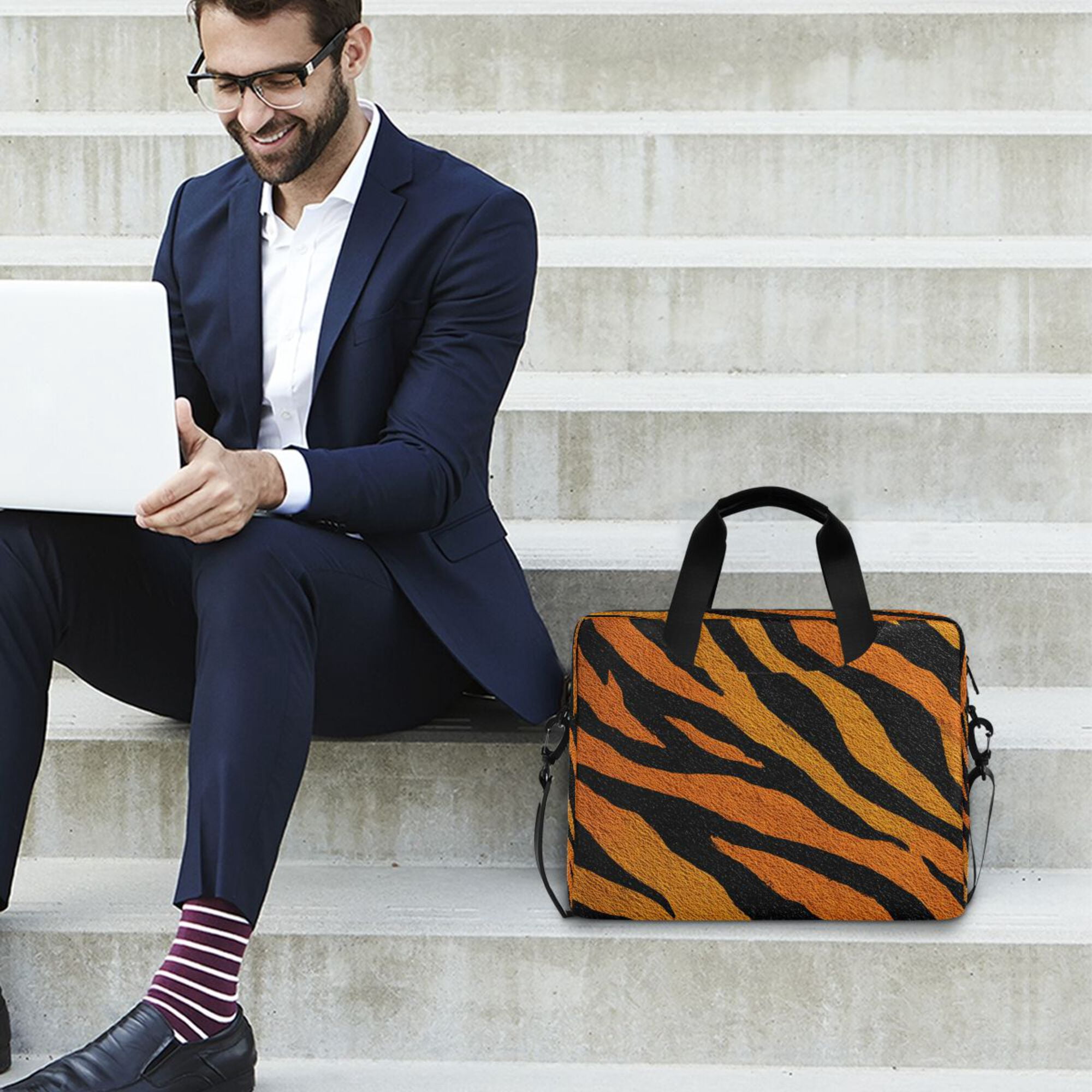 16" Laptop Briefcase, Detachable Anti-Slip Shoulder Strap, Multi-Compartment Work Travel Bag Bright Amber Tiger Stripes