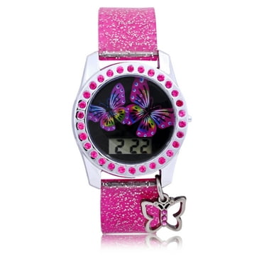 Wonder Nation Pink Glitter Butterfly LCD Watch with Silicone Strap with hanging Butterfly Charm (WN4295WM)