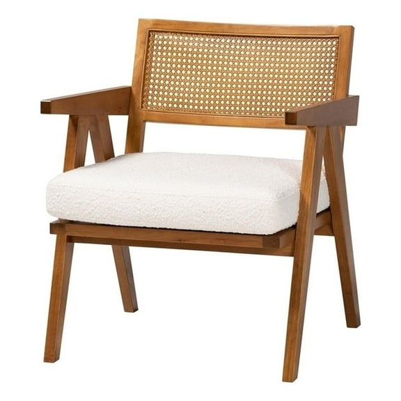 Pemberly Row Cream Boucle Fabric and Walnut Brown Wood Arm Chair