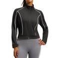 thumbnail image 4 of Women's Zip Up Cropped Jacket Long Sleeve Stand Collar Striped Trim Casual Track Jacket Elastic Cuffs Short Athletic Outerwear Black,M, 4 of 7