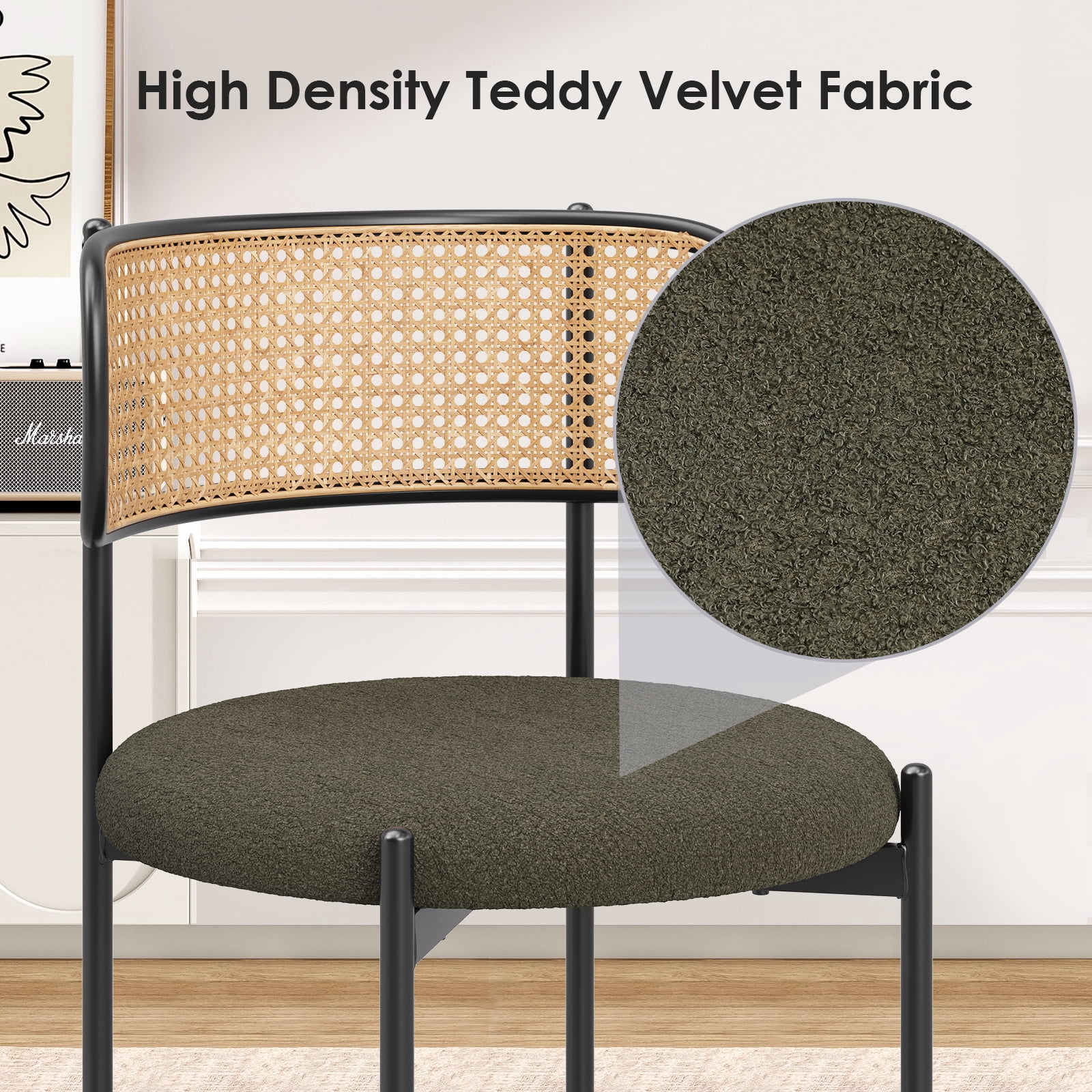 STARY Upholstered Dining Chair Set of 2, Rattan Backrest Kitchen Chair, Green