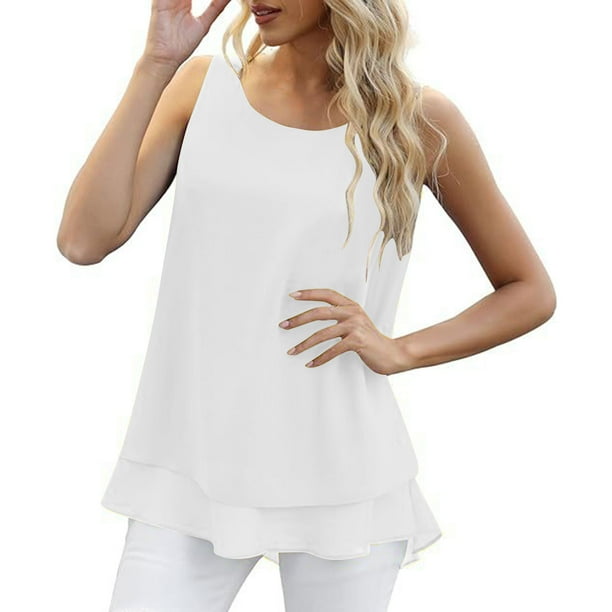 Karight Women's Sleeveless Chiffon Tank Top Double Layers Casual Blouse Tunic
