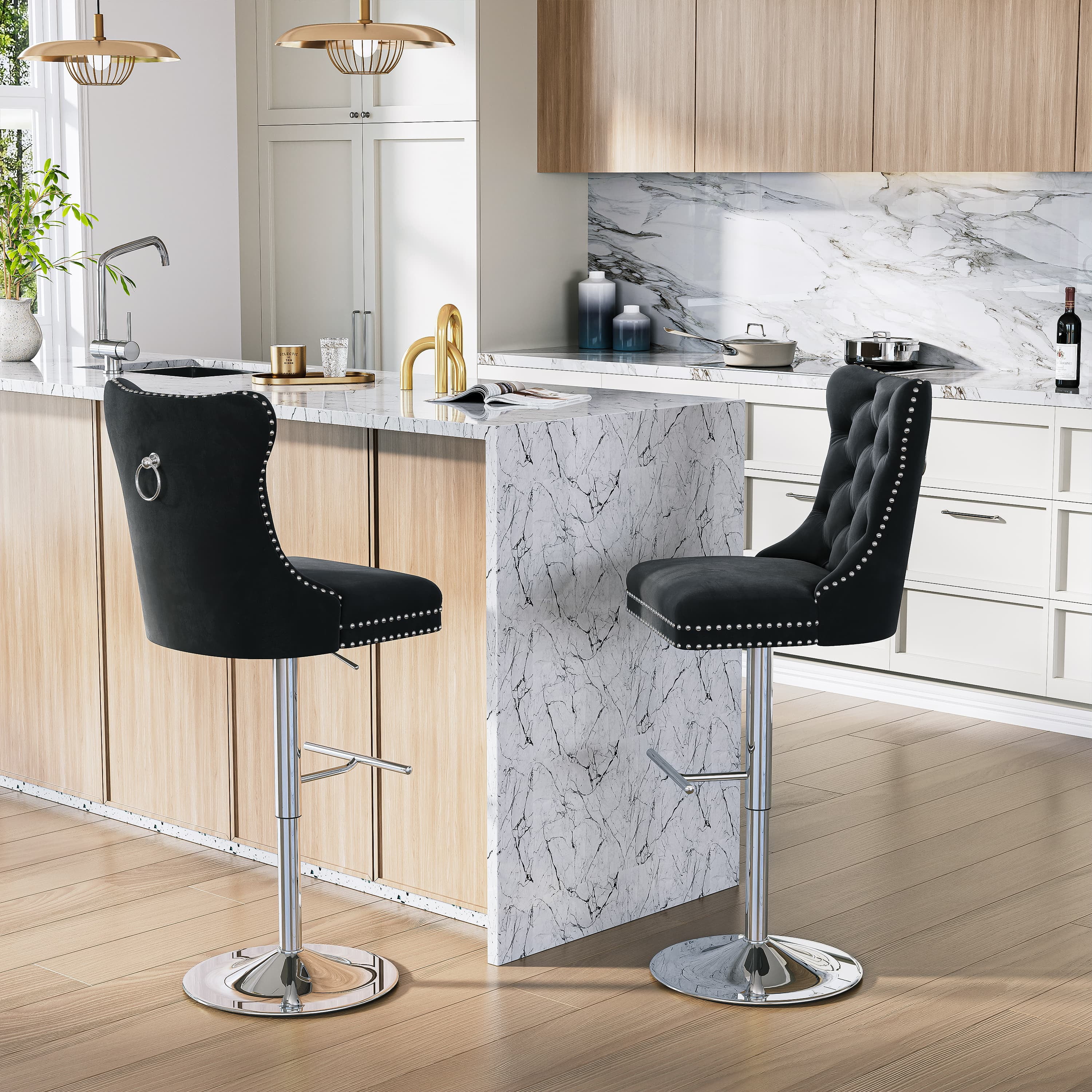 Modern Velvet Bar Stools Set of 4 Adjustable Swivel Counter Height Chairs with Upholstered Back and Nailhead Trim for Home Pub Kitchen Island