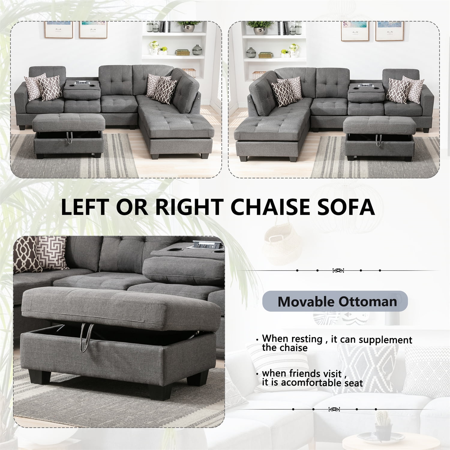 GODEER 109 in. W 4-Piece Polyester Sectional 3-Seaters Sofa with Reversible  Chaise, Storage Ottoman, 2-Small Pillows in Gray W487S00040LXL - The Home  Depot