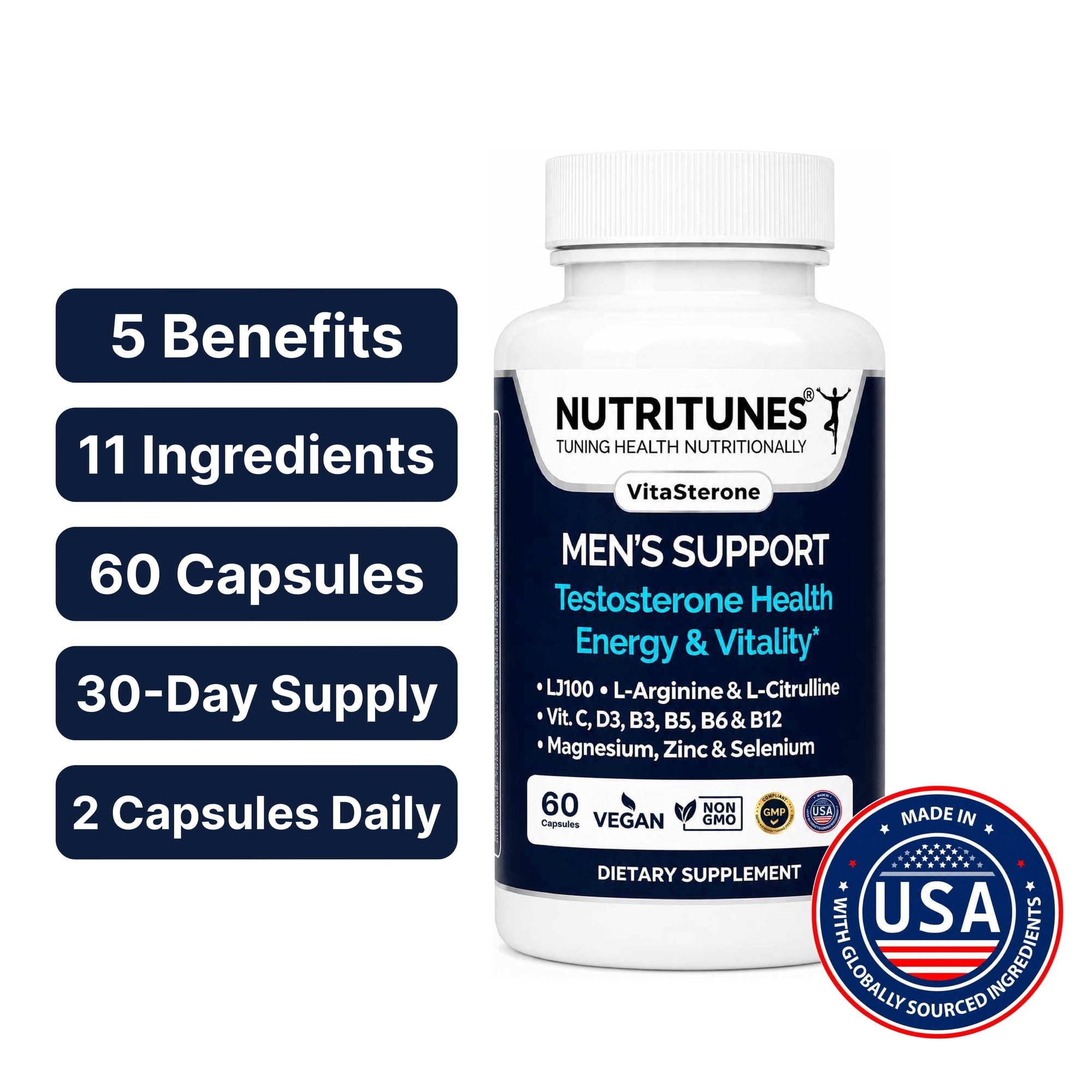 NutriTunes Men's Testosterone Support, LJ100 Tongkat Ali, 60 Capsules