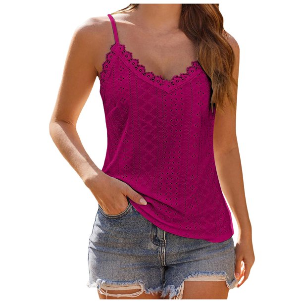 Camiseta sin mangas con cuello en V y encaje para mujer - Tirantes finos ajustables, blusa de verano holgada, tallas S-XL