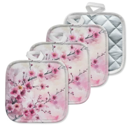 

4 Pack Pot Holders Kitchen Essential Potholder Set Watercolor Painting Of Pink Plum Blossoms