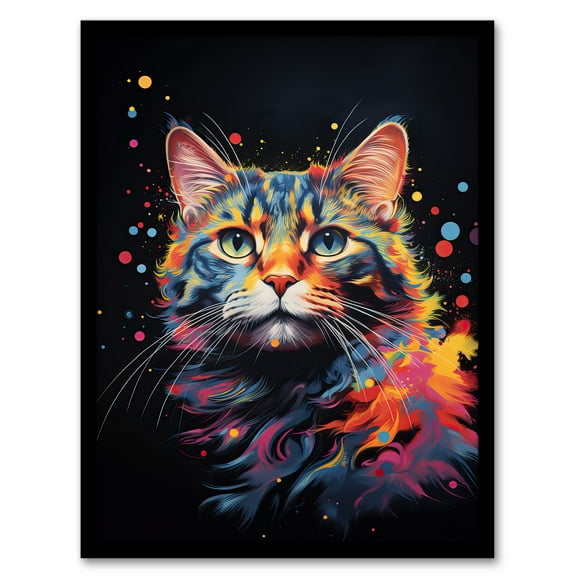 Tabby Cat Lover Gift Pet Portrait Blue Pink Orange on Black Artwork Painting Art Print Framed Poster Wall Decor 12x16 inch