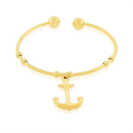 Stainless Steel Yellow Gold-Tone Anchor Open End Bangle Bracelet